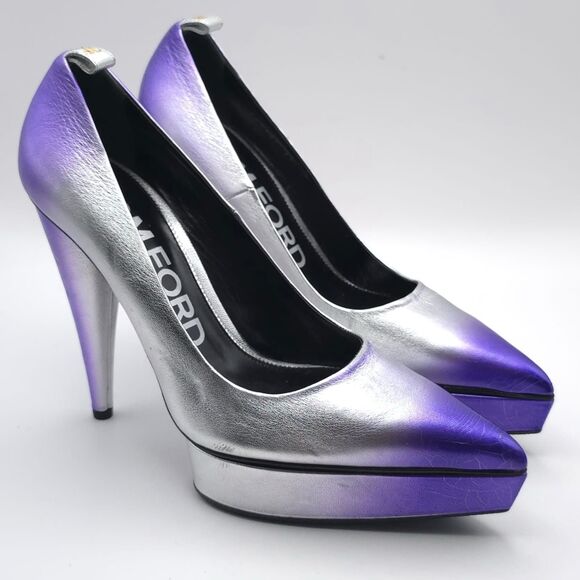 TOM FORD Size EU 39 Ombré Cone Heel Platform Pumps Cone Silver Mauve Women’s - Picture 11 of 16